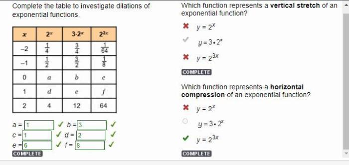 Exponential function table values graph using